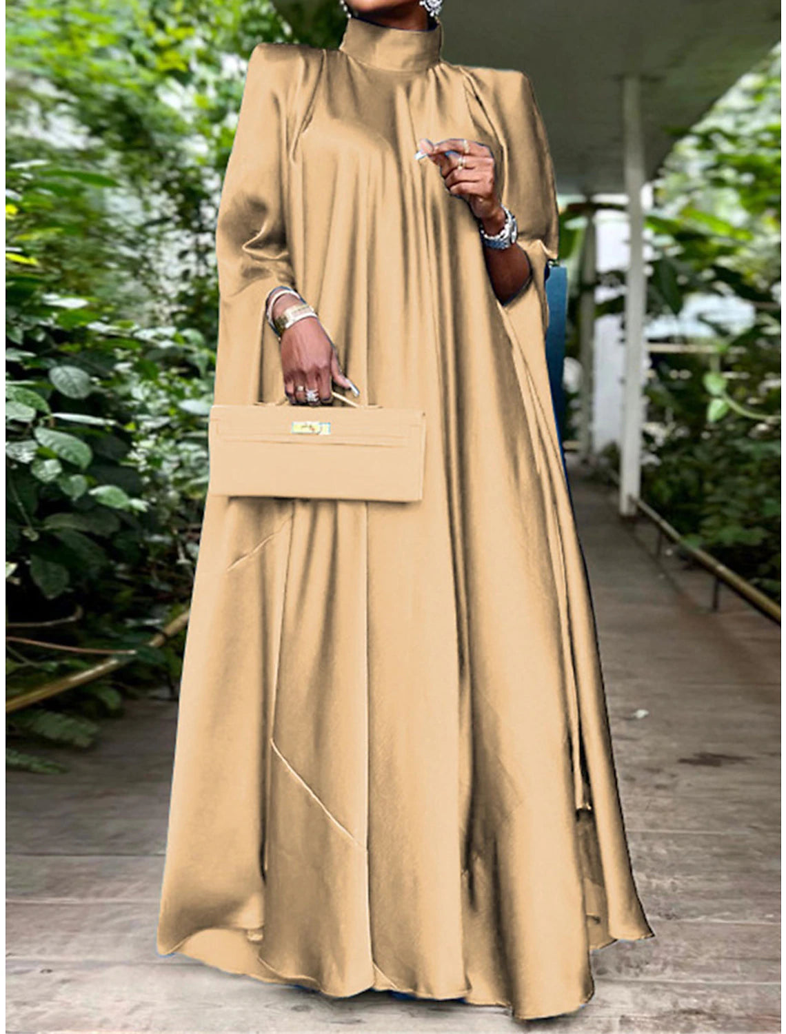 Robe de bal Weitese pour femme, robe de soirée, robe en satin, robe longue, robe longue, noir, jaune, rose, sans manches, couleur unie, froncée, été, printemps, automne, col montant, mode, anniversaire, soirée, fête, mariage, invité